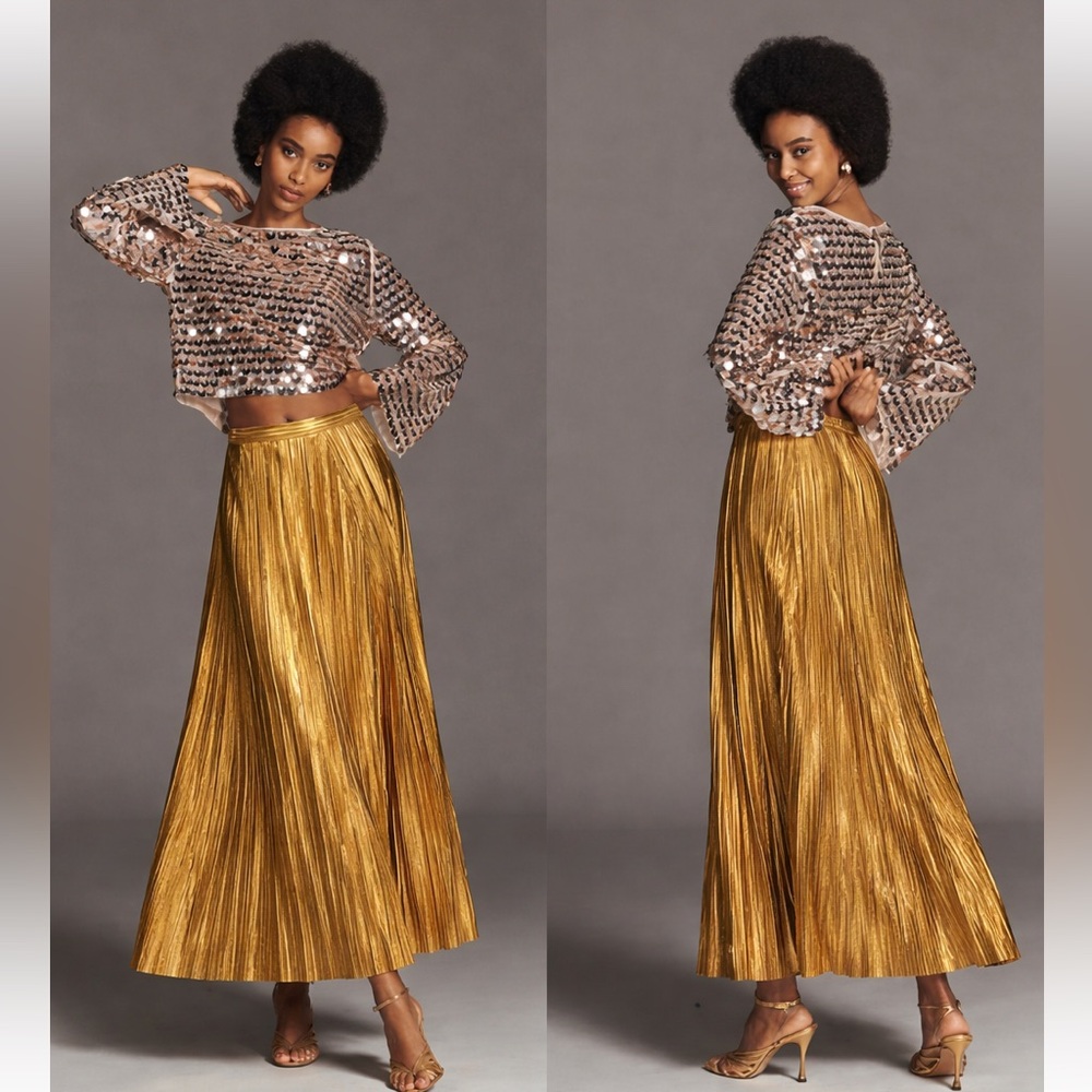 ❤️🔥Firm Price❤️🔥By Anthropologie Metallic pleated midi skirt - Picture 2 of 13